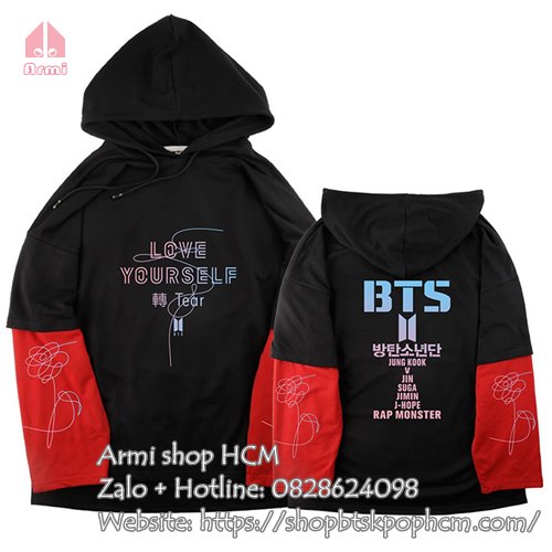 Áo Hoodie BTS LY Tear màu đen tay đỏ